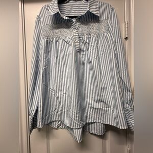 Boutique Blue & White Striped Blouse – Smocked Detail – Size XL, relaxed, flowy